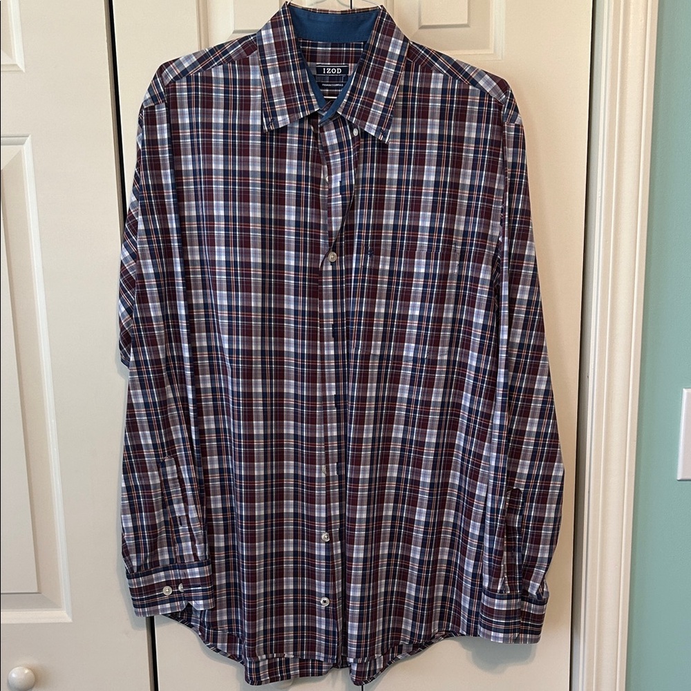 Izod Men's Long-Sleeve Plaid Button-Up Shirt - Blue & Burgundy